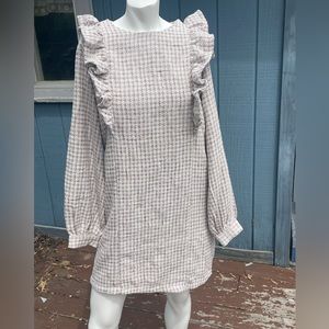 Aura tweed long sleeve dress in a size Small. Colors are cream w/ brown and gold